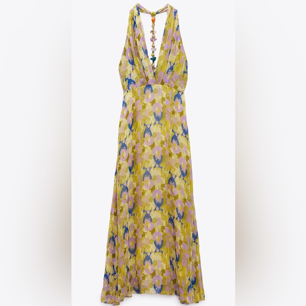 NEW ZARA 23 Multicolored Printed Beaded Stone Open Back Maxi Floral Dress Sz L